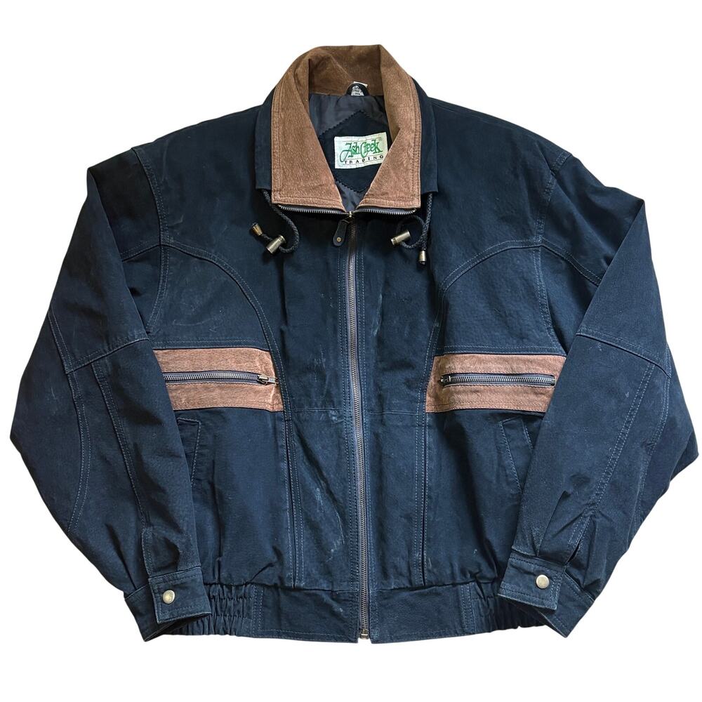 Ash Creek Trading Men’s Suede Leather Bomber Jacket Lined Colorblock Size Large